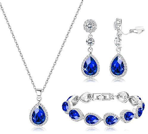 Milacolato Brautschmuck Set Hochzeit Kristall Halskette Armband Ohrclips Set Strass Anhänger Tropfen Clip On Ohrringe Abschlussball Brautparty Brautjungfer Schmuckset Für Damen Blau