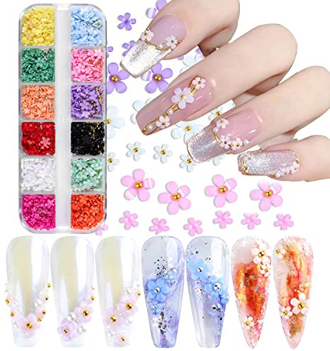 12 Grids 3D Blume Nail Art Charms Acryl Flower Nagel Charms Blumenornamente Nägel Strass Nail Strass Zubehör mit Gold und Silberperlen Nägel Fünfblättrige Strass für DIY Art Nageldesign