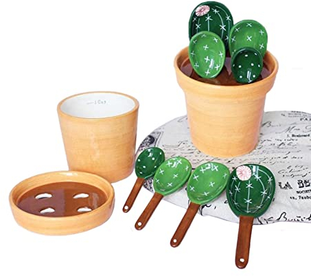 Juego de cucharas medidoras de cactus, tazas y cucharas medidoras de cerámica con base, tazas medidoras y cucharas de medición, herramientas de cocina, adecuado para mujeres, amantes de las plantas,