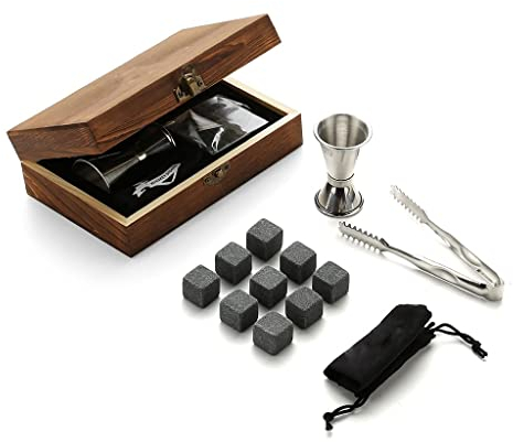 Samnuerly Cocktail-Shaker-Geschenkset – 9 Granit-Kühlsteine, Whisky-Felsen – Wiederverwendbare Eiswürfel mit Jigger – Beste Trinkgeschenke