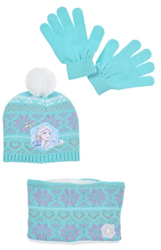 Sun City Frozen - Die Eiskönigin Elsa Anna Kinder Winter Set 3 tlg. Mütze, Handschuhe und Schal Mädchen, Farbe:Blau, Größe:54