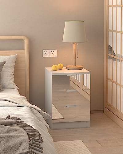 Kingwudo® Wooden Bedside Table with Mirrored Drawers 3 Drawers Bedside Tables Nightstand Storage Unit Drawers Chest for Bedroom Furniture, White and Mirrored