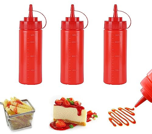 SKYPRO 3 Pack Red Plastic Squeeze Bottles 12 oz Condiment Squeeze Bottles Multipurpose Squirt Bottle for Ketchup Oil Jam BBQ Sauce Dressing Grilling Crafts Syrup Dispensers