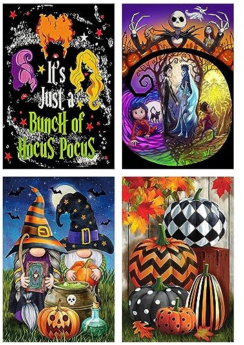 4 Stück DIY Diamond Painting Erwachsene Zwerge, Halloween Horror Diamant Painting Hexe Kürbisse,Jack Skellington Full Drill Strass Stickerei Kreuzstich Set für Home Wall Decor Décor (30 x 40cm)