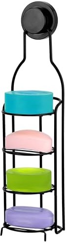 BELLE VOUS Black 4-Tier Iron Shower Caddy Rack - No Drilling/Adhesive Suction Cup Hanging Bathroom Organiser Basket - Rustproof Soap Bar Storage Holder for Razors, Sponges, Shampoo, Soap and More