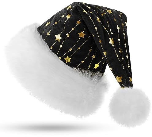 KONVINIT Plüsch Weihnachtsmütze Erwachsene Nikolausmütze mit Goldener Stern und Doppelfütterung Schwarz Santa Claus Mütze für Herren und Damen,Nikolaus Kostüm Zubehör,schwarz