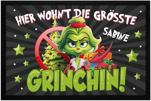 MoonWorks® Fußmatte Weihnachten Grinch personalisiierbar Wunschname Spruch lustige Weihnachtsdeko rutschfest & waschbar Grinch Lady schwarz2 60x40cm