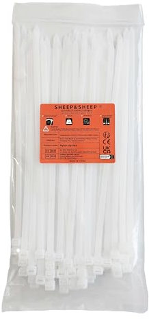 SHEEP&SHEEP 100 Stück Weiß Kabelbinder 300mm x 7,5mm mit 55 kg Zugfestigkeit [120 lbs], Heavy Duty selbstverriegelnde Nylon Kabelbinder uv beständig, ideal für Innen- und Außenbereich