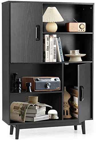 KOMFOTTEU Bücherschrank Holz, Mehrzweckschrank mit 2 Türen & 4 offene Regale, Beistellschrank mit Kippschutz, Bücherregal 80 x 24 x 119,5 cm, Schrank für Arbeitszimmer, Büro (Schwarz)