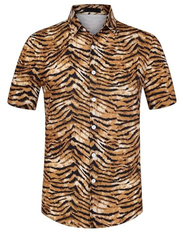 Lars Amadeus Men's Leopard Print Shirts Button Down Short Sleeves Vintage Animal Cheetah Print Shirts, Tiger Print, Medium
