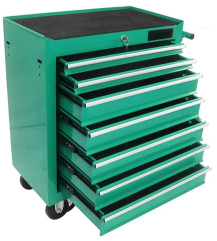 Caja de herramientas rodante, caja de herramientas rodante de 7 cajones con sistema de enclavamiento y ruedas para garaje, almacén, taller, taller de reparación (verde)