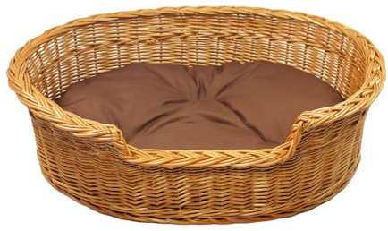 Damian-Wiklina Hundebett – Katzenbett – Hundeliege – Katzenliege – Katzenkorb – Hundekorb aus Weide – Hundekörbchen – BTH 83x63 H16/23 cm – mit Brown-Kissen