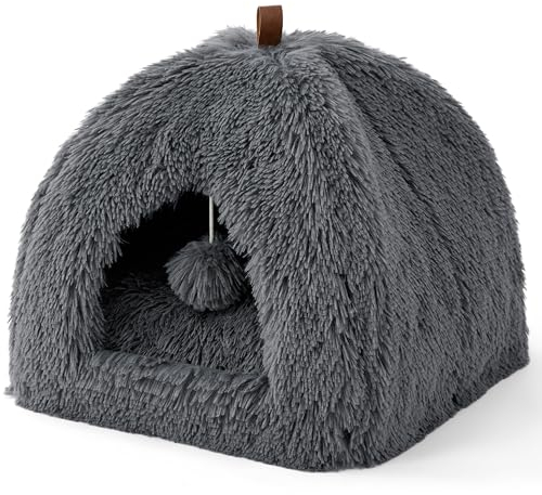 BEDSURE Katzenbett große Katzen Katzenhöhle- 44x44x44 cm Plüsch Katzenhaus Indoor mit abnehmbarem Katzenkissen und hängendem Spielzeug, Katzen Bettchen waschbar, dunkelgrau