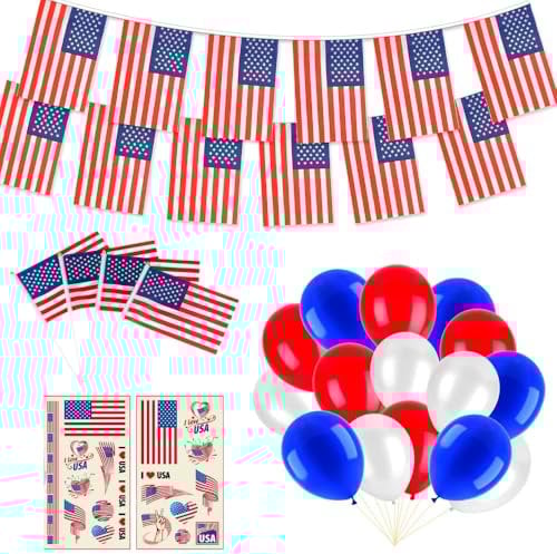 American Flag Set -10 m America Rope Flag 30 pcs 10 American Hand Flags 30pcs Balloons (10 Each Red, White and Blue)2 American Stickers For Party Gold 30th Birthday Decorations