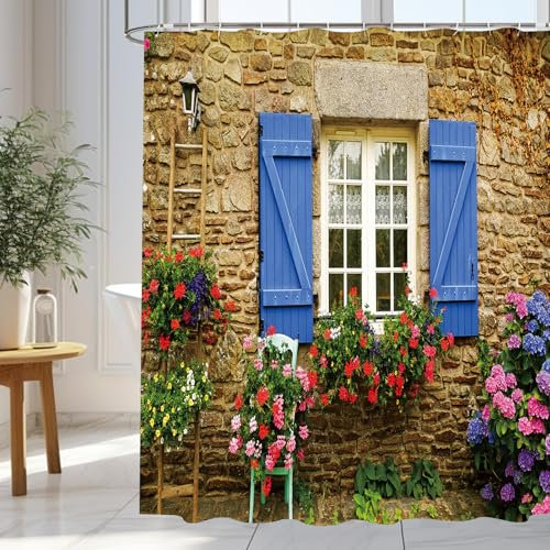 WOWTOY Shower Curtain with 12 Hooks, Waterproof Polyester Fabric Bathroom Bathtub Shower Curtain Liner, Weighted Hem, Washable, Quick Dry (180 x 180cm, Garden 04)