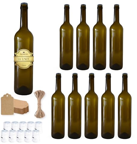 10 Bouteilles a Vin en Verre 750ml avec Bouchon en Liège + Scellé + Tag Kraft + Ficelle de Jute | Boissons Spiritueuses : Rhum, Whiskey, Liqueurs | Élégance en Verre pour Souvenirs, Cocktails