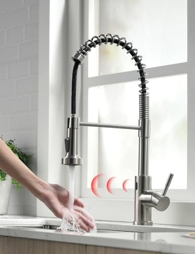 TIMACO Infrarot Sensor Wasserhahn Küche Mit Ausziehbare Brause Küchenarmatur 360° Schwenkbar Mischbatterien für Küche Einhandmischer für Küchen Spiralfederarmatur Spültischarmatur,Gebürsteter Nickel