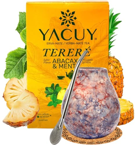 Yacuy Yerba Mate Set mit Keramik Becher 350ml - Edelstahl Bombilla 19cm - Yerba Mate-Tee Yacuy Pineapple 500g Ananas-Minze-Geschmack - Vegan, Ohne gluten