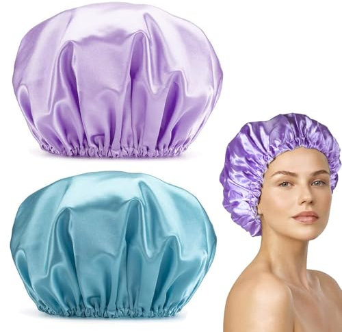 Cuffia da doccia 2 pezzi, cuffia da bagno impermeabile grande 32 cm, cuffie da bagno riutilizzabili per donna, cappelli da bagno a doppio strato e cuffiette per capelli Cuffia per capelli elegante con