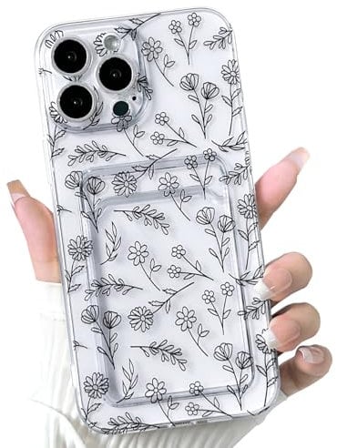 NITITOP Compatible with iPhone 13 Pro Max Case Clear with Card Holder Cute Flower Floral Leave Pattern for Women Girl Soft TPU Shock-absorbing Wallet Case Protective Phone Cover - Black