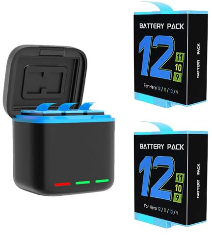 Gobesty Chargeur Batterie pour GoPro Hero 12/11/10/9 Chargeur Triple et Boîte de Stockage de Batterie avec Chargeur à 3 canaux et 2 Batterie de Remplacement pour GoPro Hero 12 Hero 11/10/9