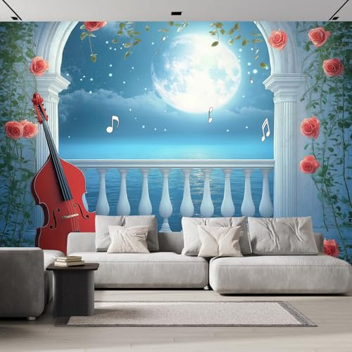 Papier Peint Photo Wallpaper Mural,3D Panoramique Murale Vue De Nuit Rebord De Fenêtre Guitare Rouge, Papier Peint soie 150×105 cm, pour Salon, Chambre Enfant Décoration Murale