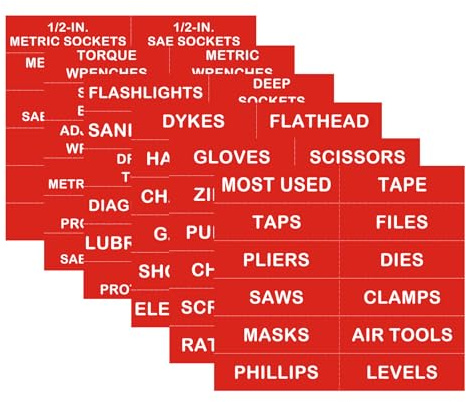Tool Box Organization Magnetic Labels,Tool Chest Organizer Labels with Strong Magnets,Easy to Read Printing - Fits All Brands of Steel Tool Box Drawers,Red-(72 Pcs, 4 x 1 Inches)