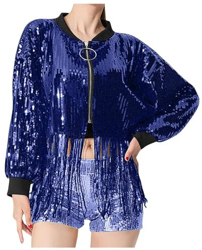 Cexiakong Damen Glitzer Pailletten Jacke Hiphop Langarm Lametta Fransenjacke Bomberjacke Reißverschluss Fliegenjacke Bikerjacke Outwear