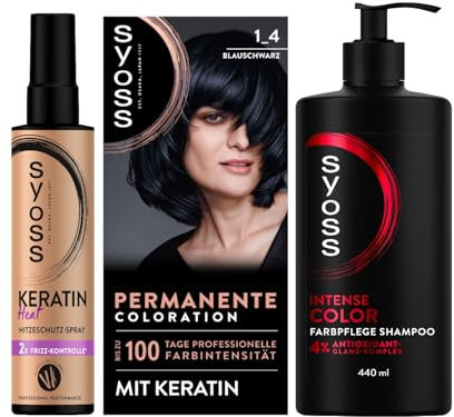 SYOSS Coloration 1_4 Blauschwarz (115 ml), 100% Grauabdeckung & Keratin Heat Hitzeschutz Spray (200 ml) bis zu 230 °C & Gliss Shampoo Colour Perfector (250 ml) für coloriertes und gefärbtes Haar