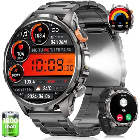 Smartwatch Herren mit 1000mAh Akku/LED Taschenlampen/1.91 AMOLED, 5ATM Wasserdicht Militär Smart Watch mit Telefonfunktion, 113 Sportmodi Fitnessuhr, 24/7 Herzfrequenz/Schlafmonitor/SpO2/iOS Android