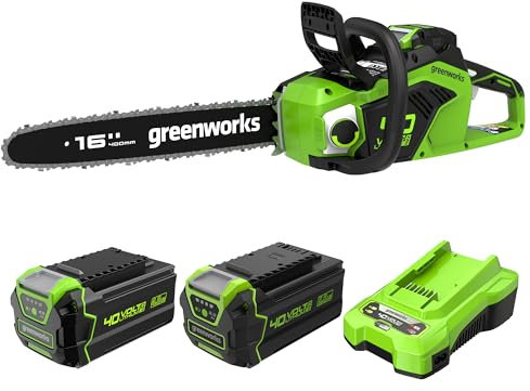40V Akku-Kettensäge Greenworks mit bürstenlosem Motor GD40CS18, 40cm Blattlänge, 20m/s Kettengeschwindigkeit mit 40V, 3 Jahre Garantie, schnell aufladbar 5Ah Akku & Universal Ladegerät +Bonus 4Ah Akku