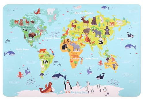 JIANTA Schreibtischunterlage PU-Leder, Mauspad Groß, Blaue Schreibunterlage, Tischunterlage Welt Tiere, Schreibtischmatte für Kinder(60 x 40 cm Welt)