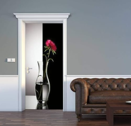 Türtapete Selbstklebend 85 x 200 cm Rote Blumen Türaufkleber Schwarz Weiß Türposter PVC Wandaufkleber Wasserdichte 3D Fototapete Türfolie Poster Tapete Türbilder Für Türwand Dekoration F94