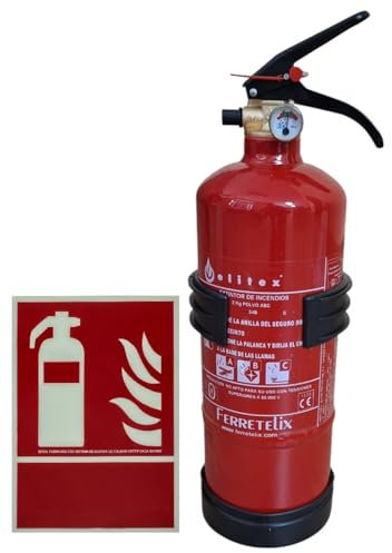 FERRETELIX® Extintor 2 Kg ABC (Eficacia 8A 34B C) + Soporte + Cartel Fotoluminiscente 21x30 cm – Homologado – Fabricado en España – Año 2025