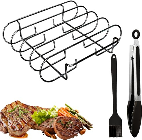 Soporte para Costillas Barbacoa, Parrilla de Acero Inoxidable con Cepillo y Pinzas de Silicona, Estante Bastidore para Carne, Compatible con Barbacoas de Gas, Carbón y Horno, 31,5 x 26 x 7,3 cm