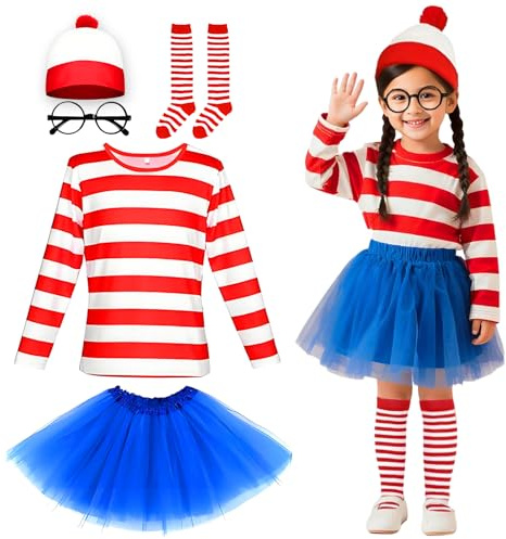 Mprocen Rot-weiße Bommelmütze, Nerd-Brille, Filme, Cosplay, Kinder, 120 cm
