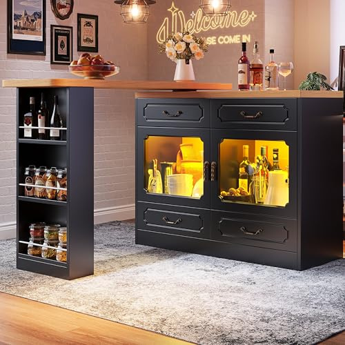 Merax 360° swivelling 3 Tier Dining Bar table, with storage cabinet with 4 drawers, 2 doors, LED lighting, Extendable Table, for Kitchen, Dining Room, Living Room, Black/135-203 x 39 x 92.8 cm