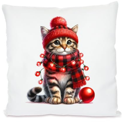 Generisch Weihnachts Kissen 40×40 cm – Süßes Katzen Motiv – Kissenbezug oder mit Füllung – Weihnachtsdeko Kissen – Geschenk für Kinder & Katzenliebhabe