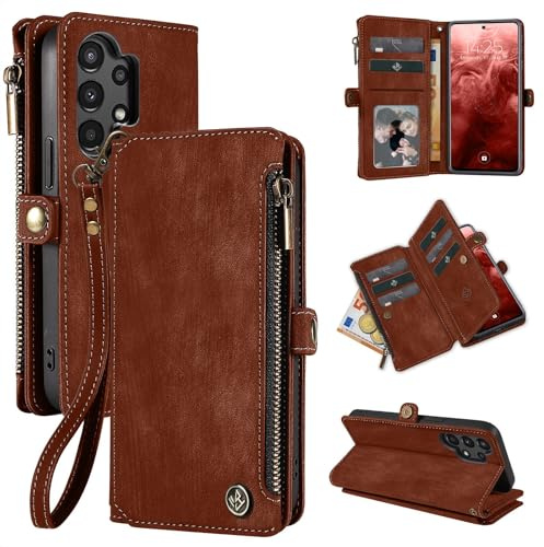 LBH Handy Hülle für Samsung Galaxy A13 / A13 5G Klapphülle RFID Schutz Wallet Geldbeutel Geldbörse Cover Case Flipcase Kartenfächer Geldfach Münzfach Dunkelbraun