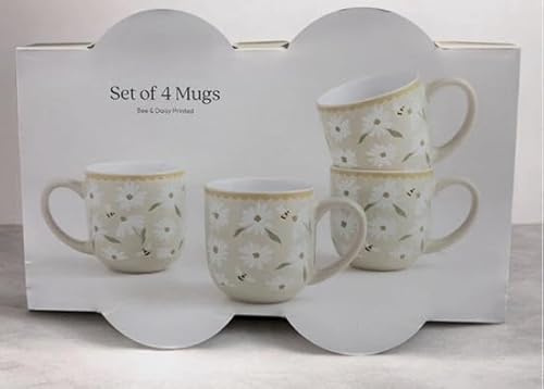 New Set of 4 Bee & Daisy Printed Ceramic Mugs Cream Floral Tea Coffee Cups, Add A Charming Touch to Your Kitchen, Ideal for Home Use, Gifting, Or Adding A Spring & Summer Feel