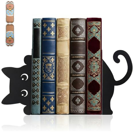 TLDBATICE Katzen Buchstützen Metall 2 PCS, Dekorative Bücherhalter für Regale, Book Holder mit Magnetisches Lesezeichen für Home Office Schreibtisch Deko Geschenk Katzenliebhaber Lesefreunde (Schwarz)