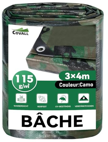 COVALL Bâche de Protection Extérieur Camouflage 3x4m - 115g/m², Imperméable, avec Œillets, Anti-UV, pour Jardin, Camping, Bois, Chasse & Décoration Militaire