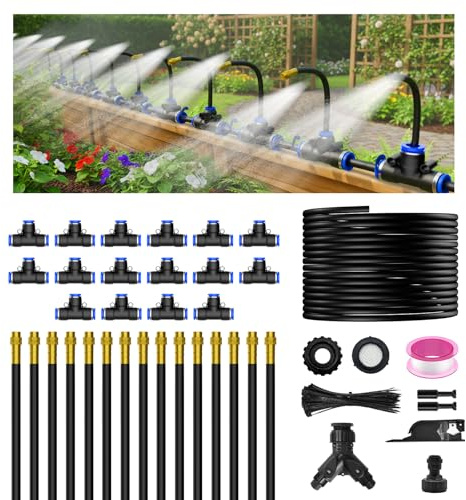 Drip Irrigation Kit 49.2FT, 1/4 Tubing with 15 Adjustable Brass Nozzles & Cutter – Automatic Garden Watering System with Y Splitter for Greenhouse, Lawn, Hanging Baskets, Tomato Plants