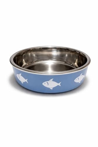 Pet Guru Stainless Steel Cat Food Bowl with Non-Slip Rubber Base, Fish Print, For Cats & Kitten (Blue)