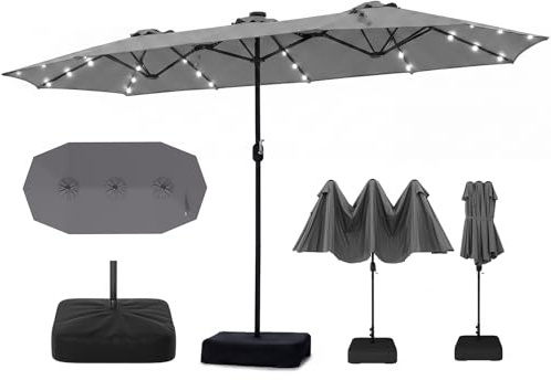 RELAX4LIFE Grand Parasol de Jardin Exterieur avec Pied, 4x2M Parasol Double pour Terrasse/Piscine/Marché, 12 Baleines Renforcées, Manivelle, Protection Solaire pour 6-8 Personnes