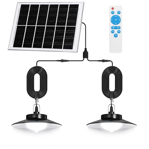 IRONDELIC Solarlampen für Außen mit Bewegungsmelder Fernbedienung Solar Hängelampe Outdoor mit 5 Modi, 4000mAh Solarleuchte Innen für Hühnerstall Terrasse Garten, IP65 Wasserdicht Timer(2 Head, Weiß)