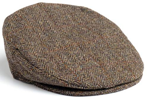 Hanna Hats Herren-Fahrermütze aus Donegal-Tweed im Vintage-Stil, flach, Hergestellt in Irland, 100% Wolle (braunes Fischgrätenmuster), Medium