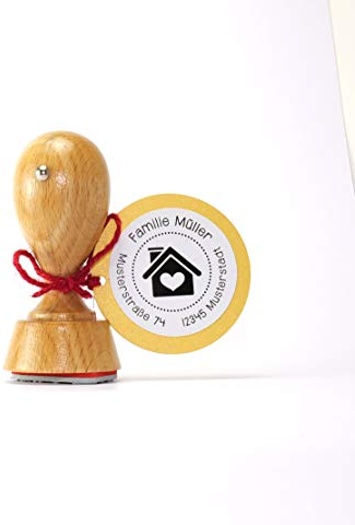 Webermann Personalisierbarer Holz Stempel Mit Namen & Adresse - 40mm Adressstempel Individualisierbar für Briefmarke, Hochzeit, Umschlag - Mit Haus und Herz