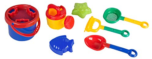 Idena 40113 - Sandspielzeug Set 8 teilig bestehend aus Eimer, 2 Sieben, Gießkanne, 2 Förmchen, kleiner Harke und kleiner Schaufel, bunt, in praktischer Tasche, zum Spielen am Strand und im Sandkasten
