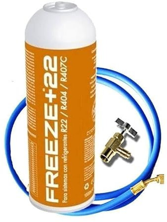 REPORSHOP Botella de Gas Refrigerante Orgánico FREEZE+22 con Válvula y Manguera para Recarga de Aire Acondicionado Coche - Sustituto para Sistemas con Gas R22, R404 y R407C - Kit Ecológico Eficiente